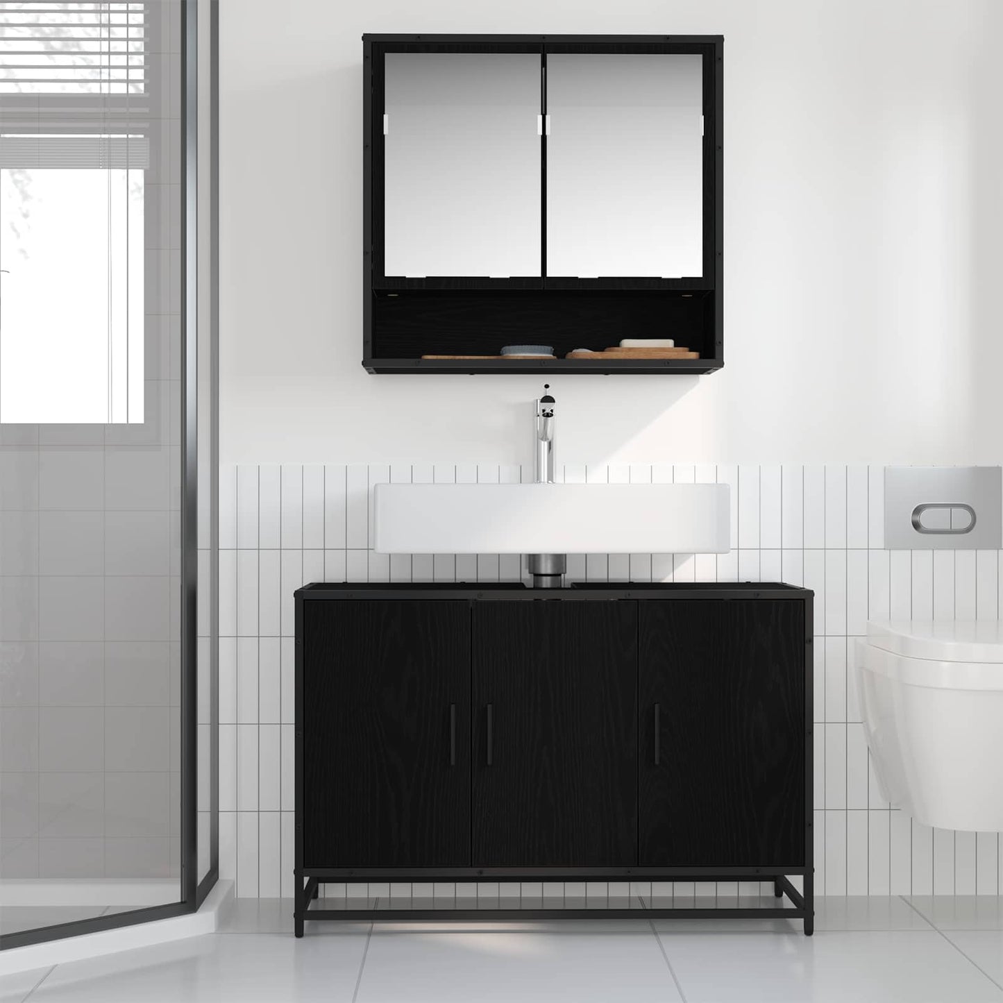 Badkamerkast Zwart Eiken 90 x 33 x 60 cm Bewerkt hout