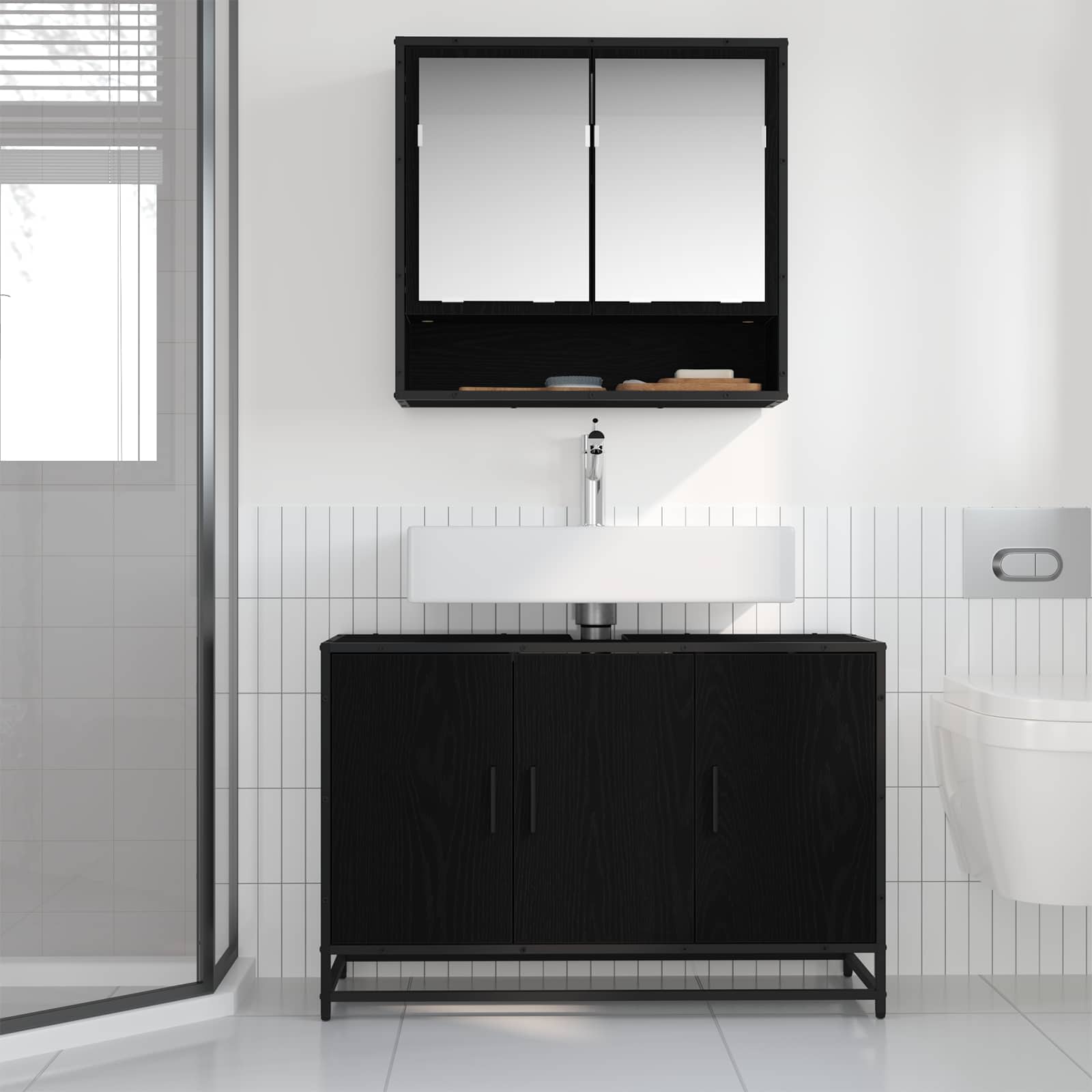 Badkamerkast Zwart Eiken 90 x 33 x 60 cm Bewerkt hout