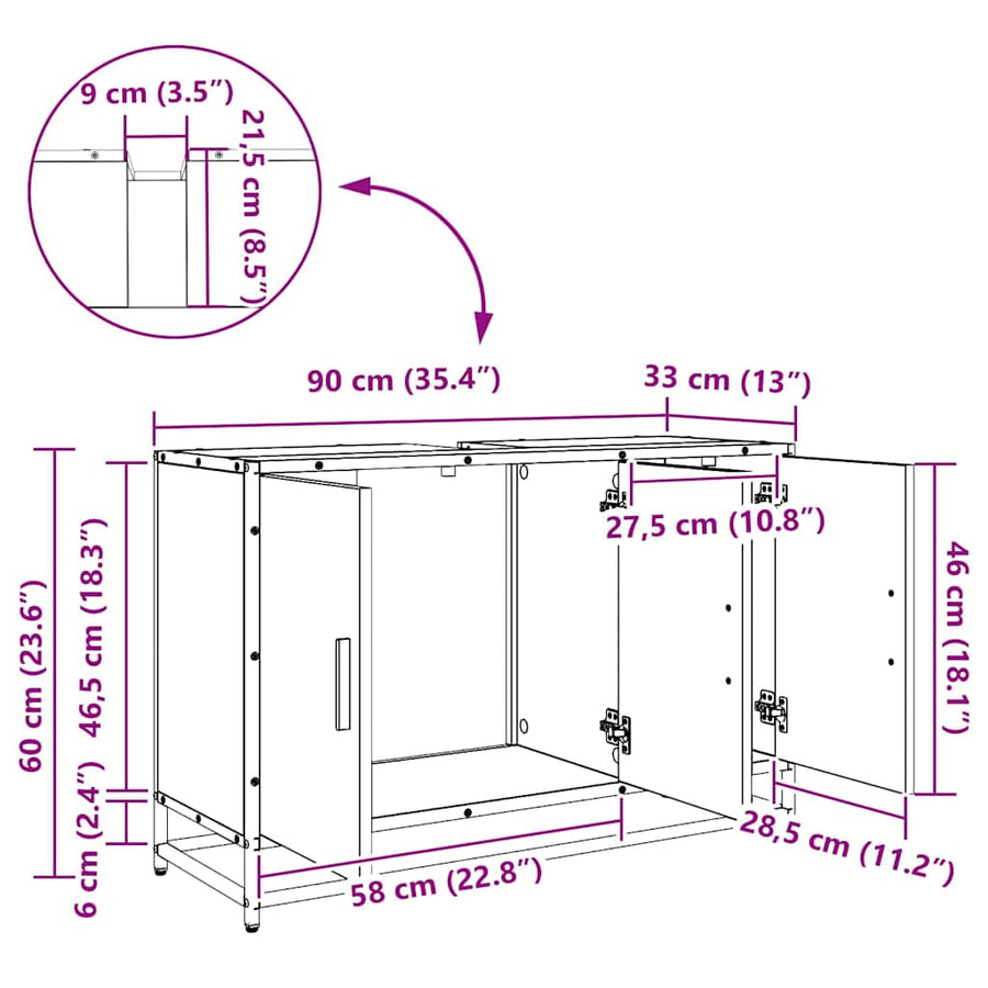 Badkamerkast Zwart Eiken 90 x 33 x 60 cm Bewerkt hout