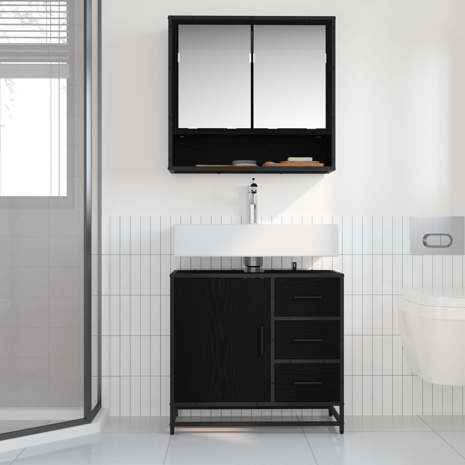 Badkamerkast met lade Zwart Eiken 65 x 33 x 60 cm Bewerkt hout