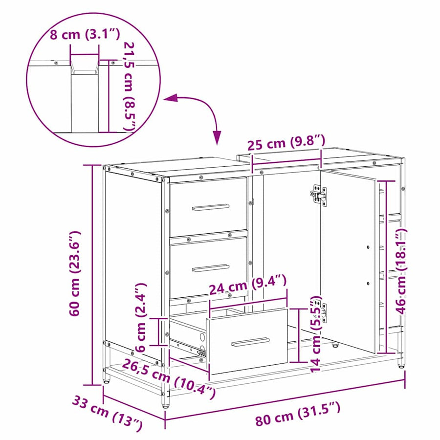 Badkamertenk te kast Zwart eiken 80 x 33 x 60 cm Bewerkt hout