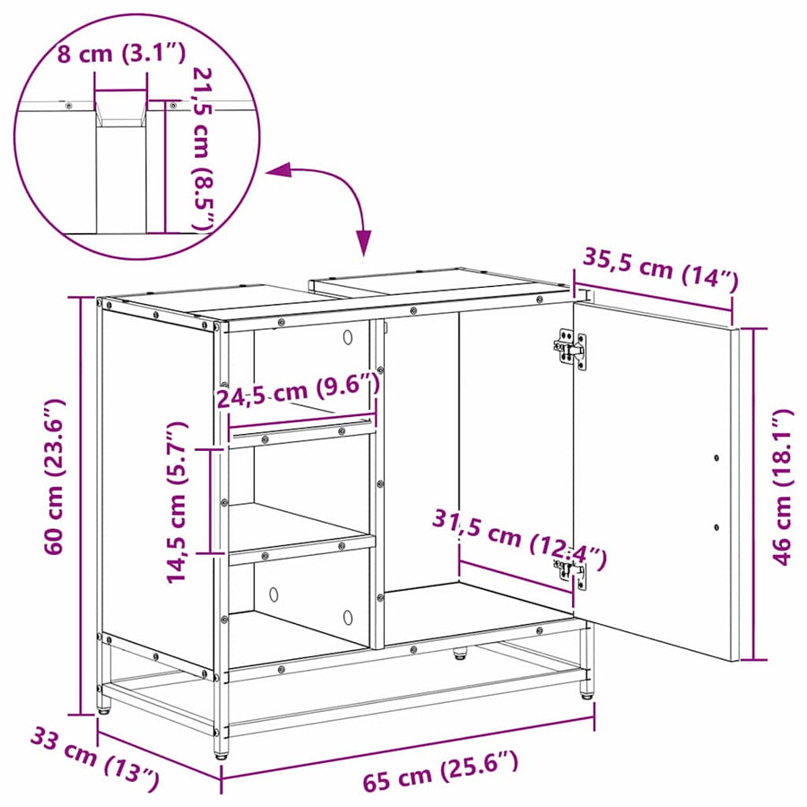 Badkamertenk te kast Zwart eiken 65 x 33 x 60 cm Bewerkt hout