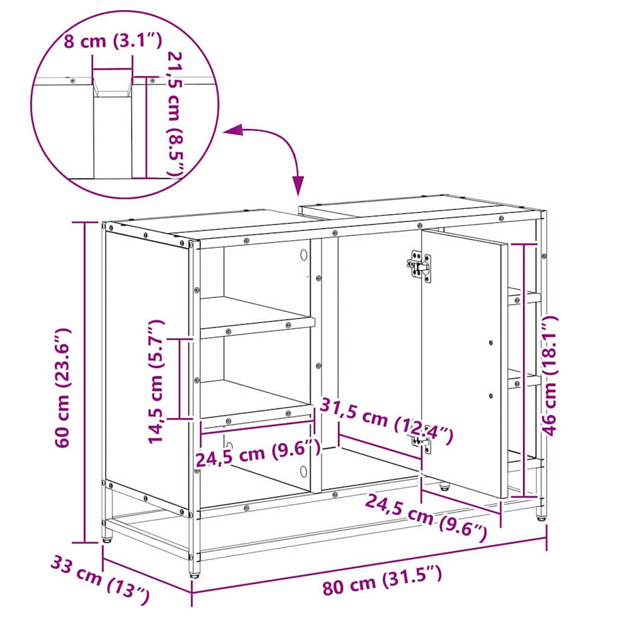 Badkamertenk te kast artisanaal eikenkleurig 80 x 33 x 60 cm