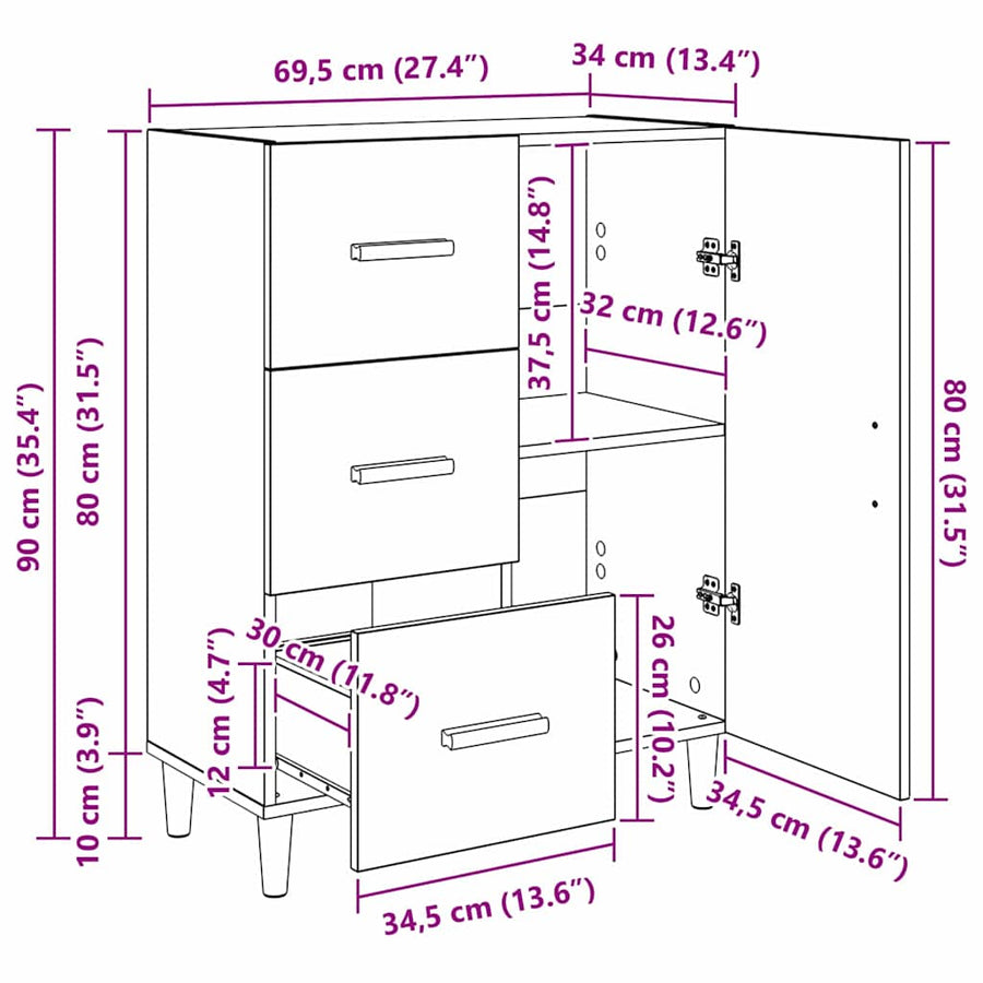 Dressoir met lade Zwart eiken 34 x 69.5 x 90 cm Bewerkt hout