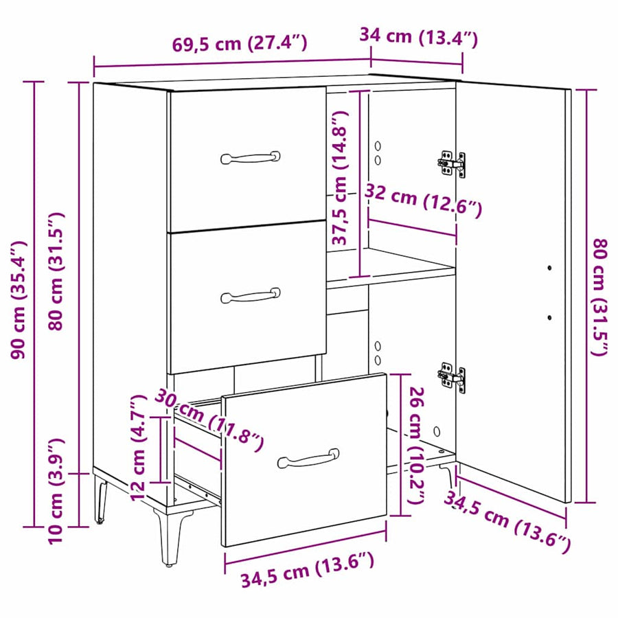 Dressoir met lade Oudhout 69,5 x 34 x 90 cm Bewerkt hout