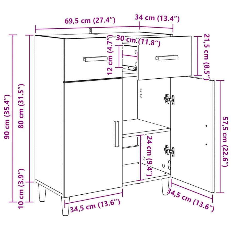 Dressoir artisanaal eikenkleurig 34 x 69.5 x 89 cm Bewerkt hout