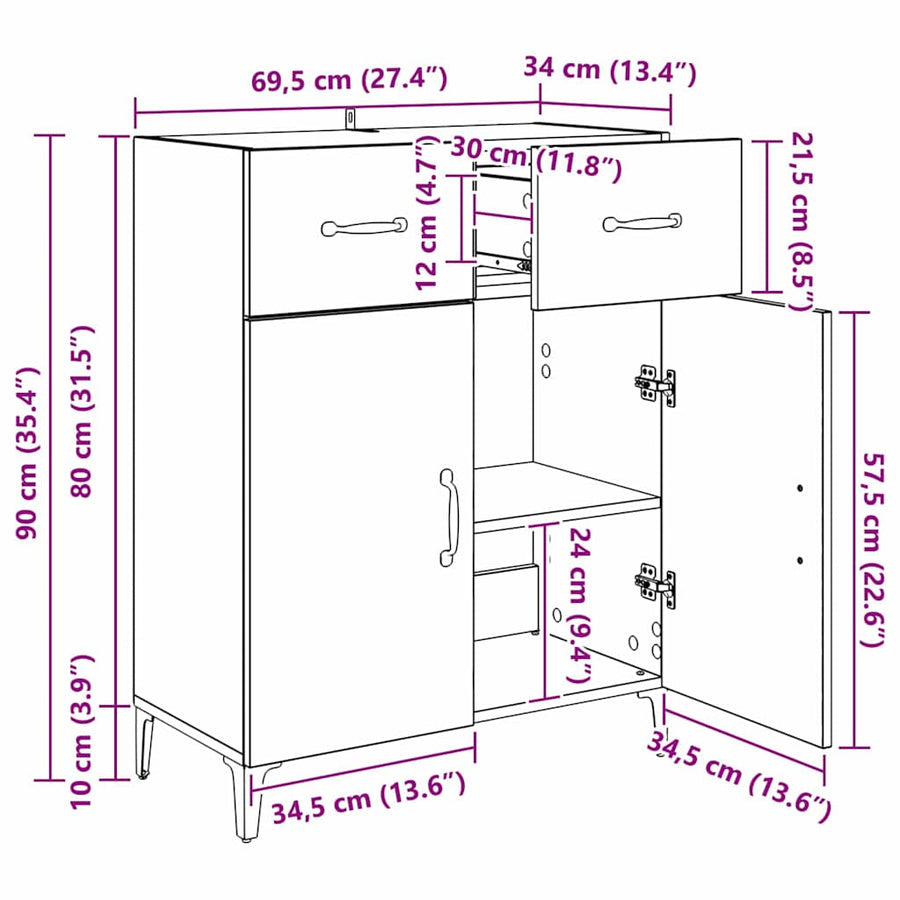 Dressoir met lade Zwart Eiken 69,5 x 34 x 90 cm Bewerkt hout