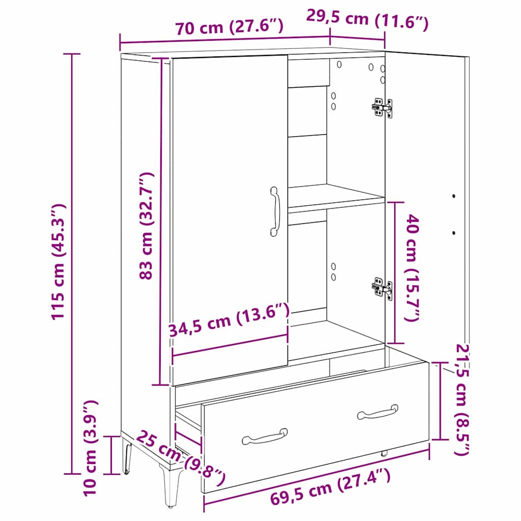 Highboard Zwart Eiken 70 x 31 x 115 cm Gemonteerd hout en ijzer