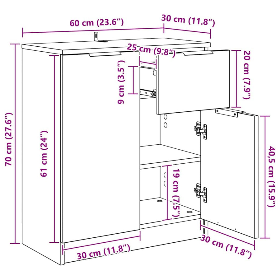 Dressoir met lade Oudhout 60 x 30 x 70 cm Bewerkt hout