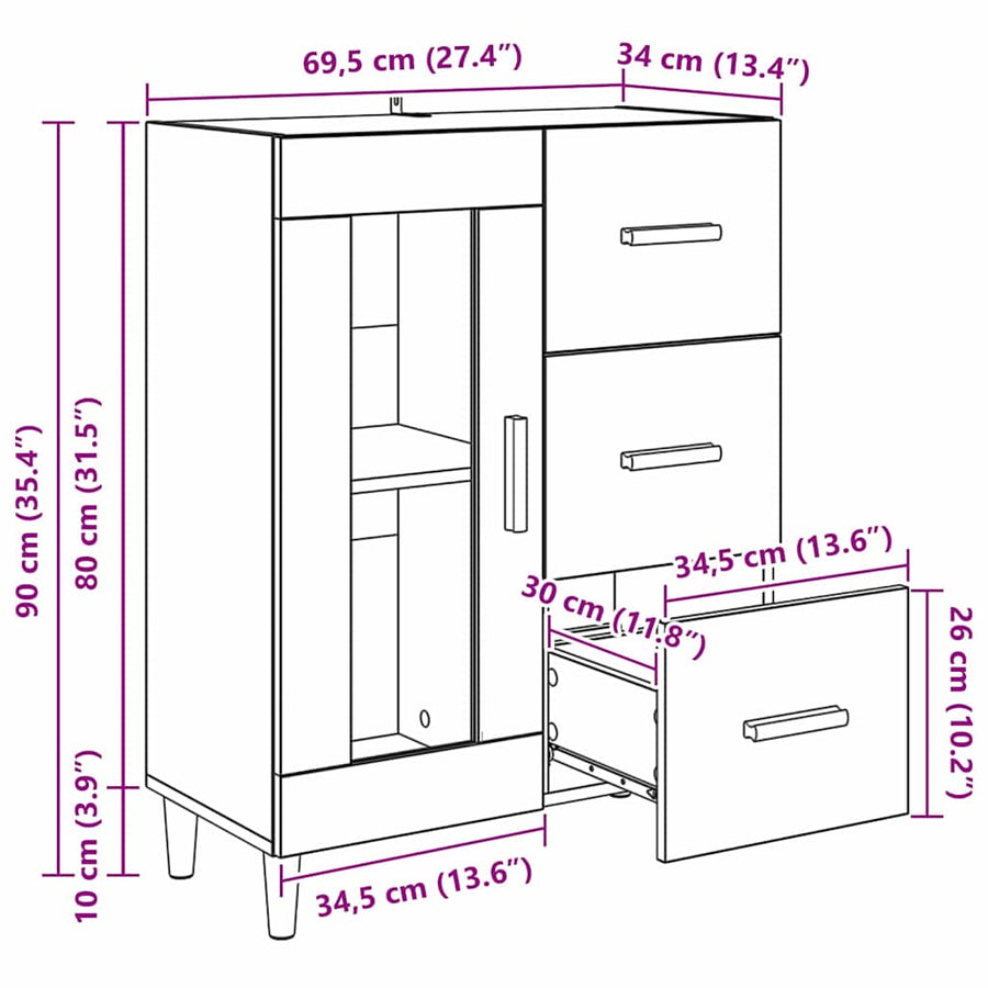 Dressoir met lade Zwart Eiken 69,5 x 34 x 90 cm Bewerkt hout