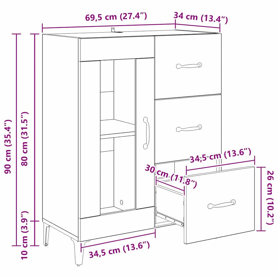 Dressoir Zwart Eiken 69,5 x 34 x 90 cm Gemonteerd hout en ijzer