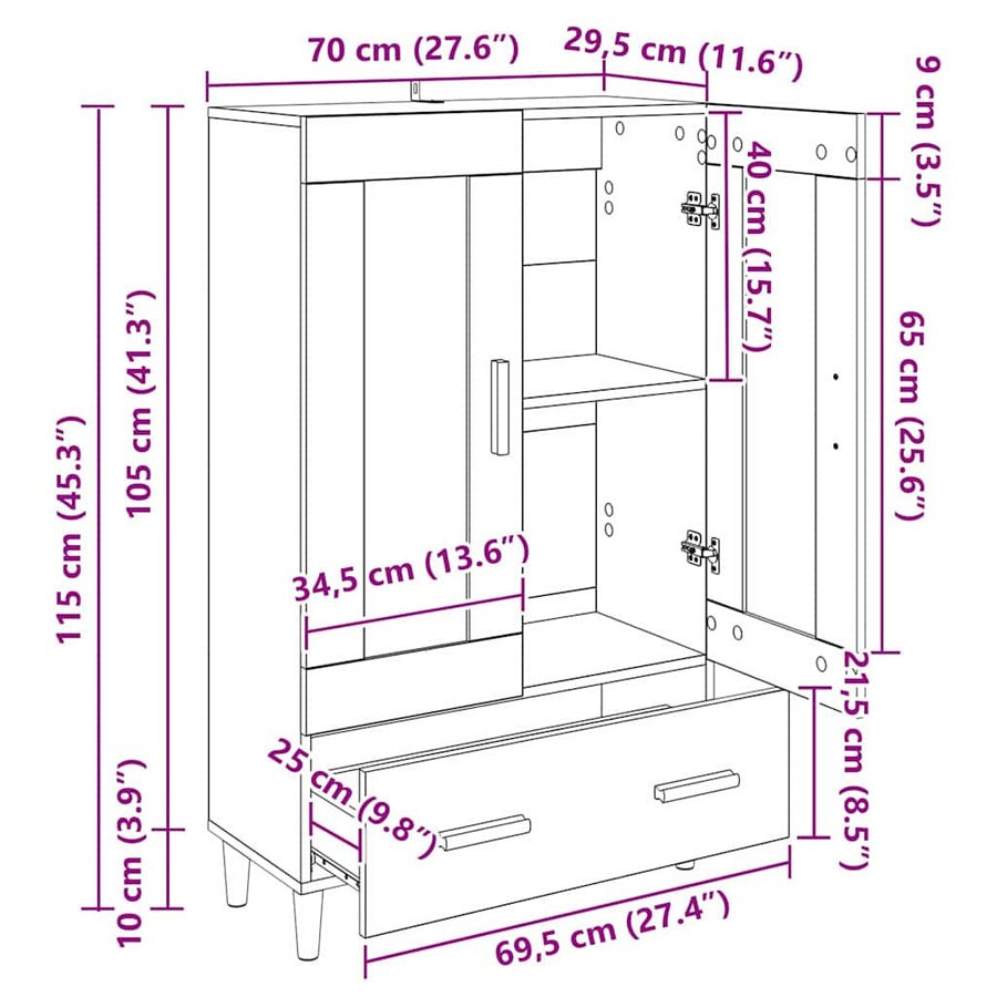 Highboard met lade Zwart Eiken 70 x 31 x 115 cm Bewerkt hout