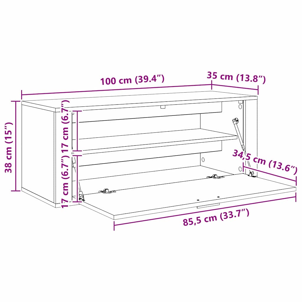 Schoenenkast met plank Oud hout 100 x 35 x 38 cm Bewerkt hout