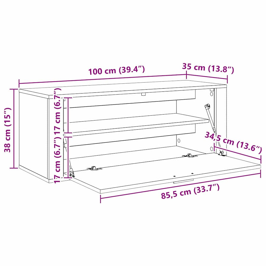 Schoenenkast met plank Oud hout 100 x 35 x 38 cm Bewerkt hout