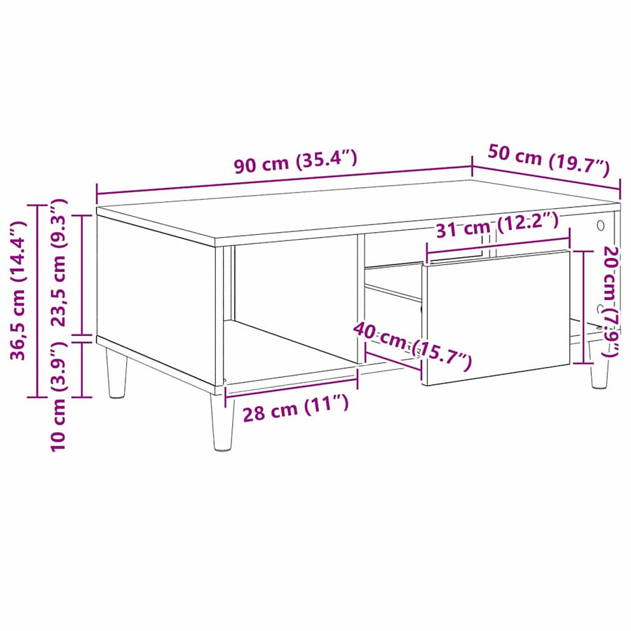 Salontafel met lade Oud Hout 90 x 50 x 26.5 cm Bewerkt hout