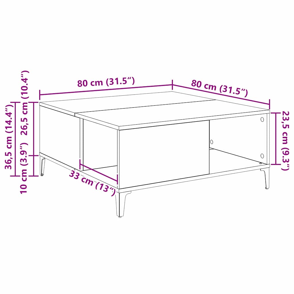 Salontafel Zwart Eiken 80 x 80 x 36,5 cm Bewerkt hout