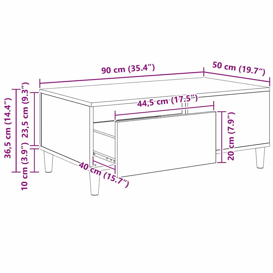 Salontafel met lade Zwart Eiken 90 x 50 x 35 cm Bewerkt hout