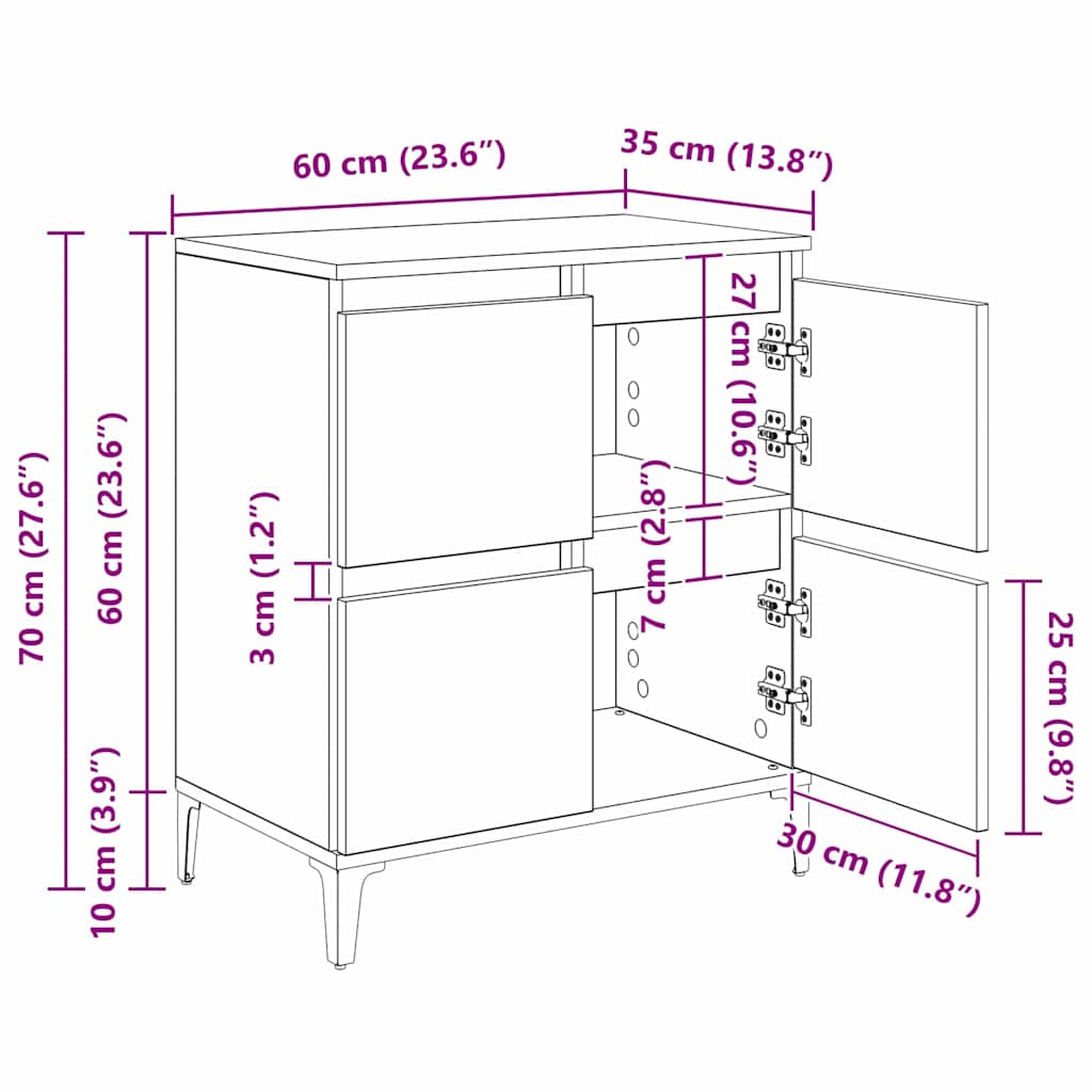 Dressoir Zwart Eiken 60 x 35 x 70 cm Gemonteerd hout en ijzer
