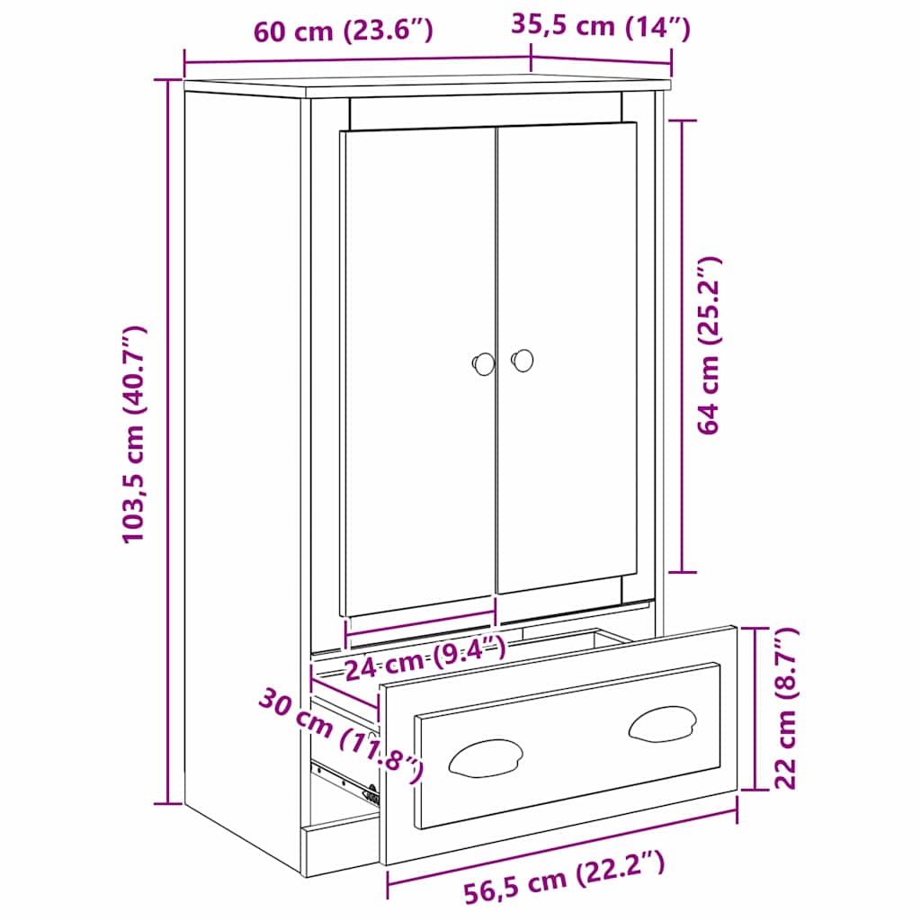 Highboard Zwart Eiken 60 x 35,5 x 103,5 cm Bewerkt hout