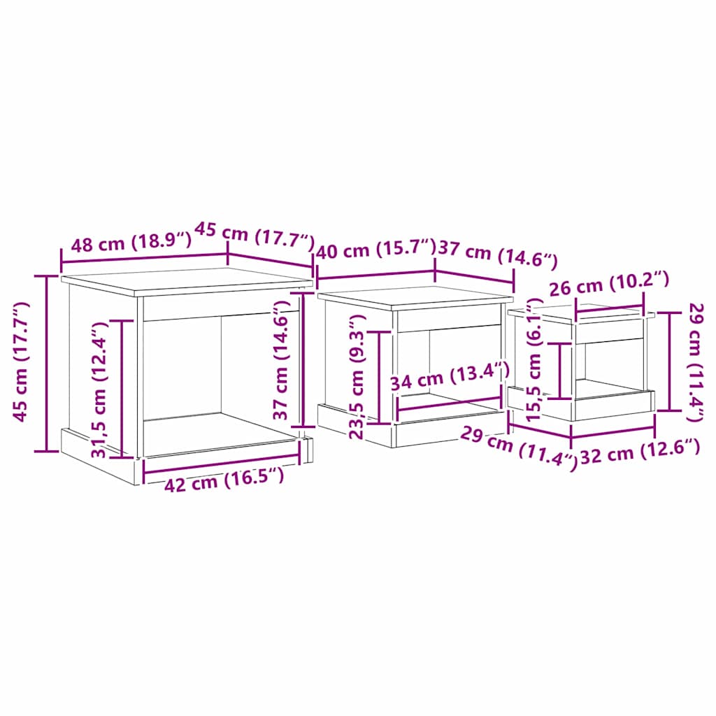 Salontafel 3 pcs Zwart Eiken Bewerkt hout