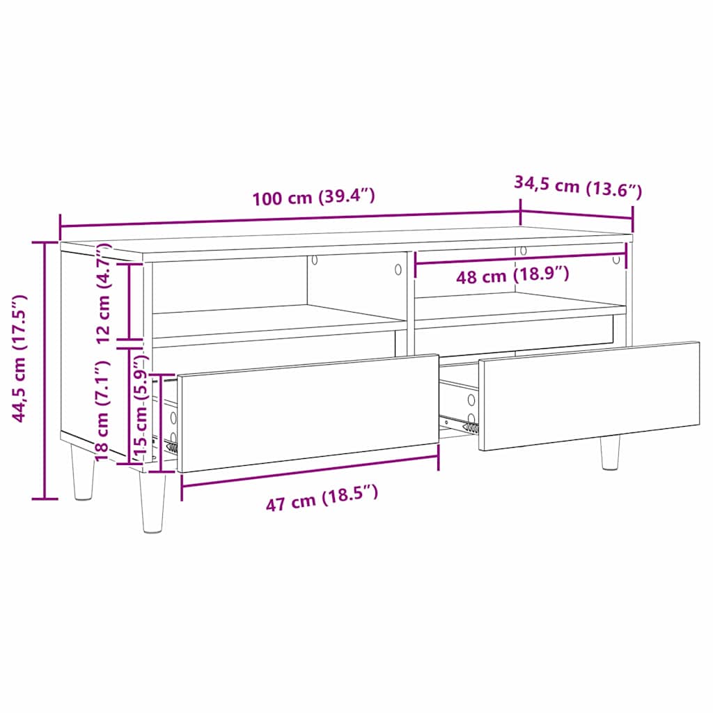 TV-kast met lade Oud Hout 100 x 34,5 x 44,5 cm Bewerkt hout