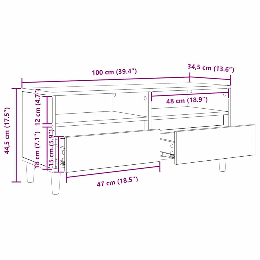 TV-kast met lade Oud Hout 100 x 34,5 x 44,5 cm Bewerkt hout