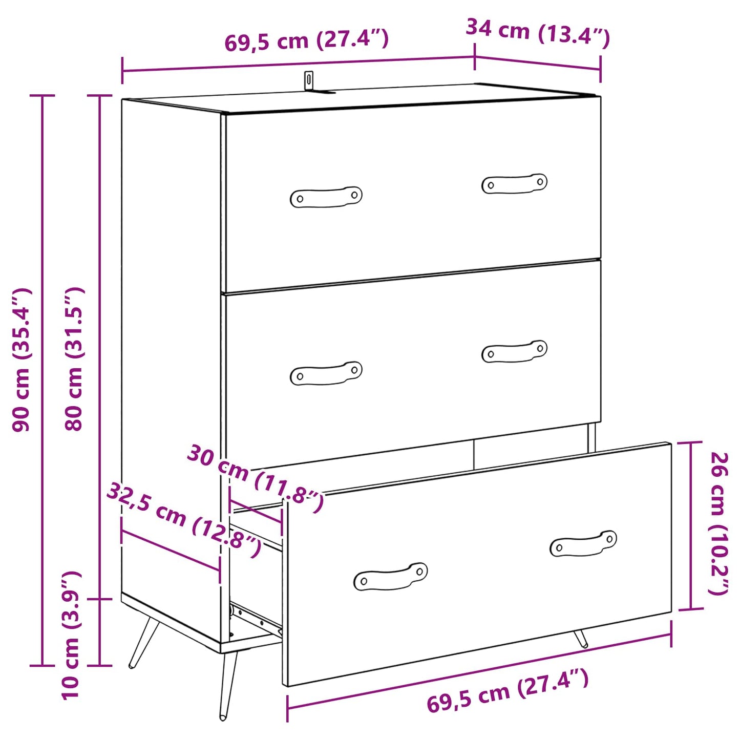 Ladekast met lade Oudhout 69,5 x 34 x 90 cm Geconstrueerd hout