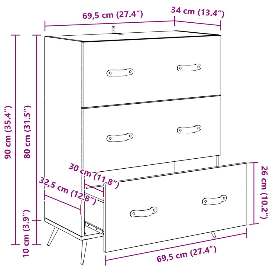 Ladekast Zwarte Eik 69,5 x 34 x 90 cm Geconstrueerd hout