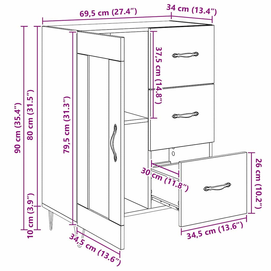 met lade Zwart eiken 69.5 x 34 x 90 cm Bewerkt hout