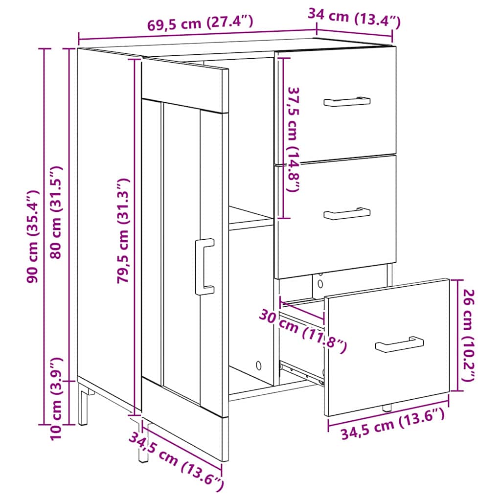 Dressoir artisanaal eikenkleurig 69.5 x 34 x 90 cm Bewerkt hout