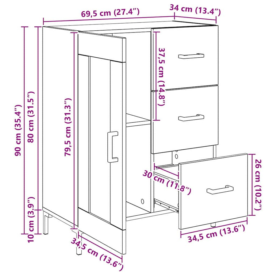 Dressoir artisanaal eikenkleurig 69.5 x 34 x 90 cm Bewerkt hout