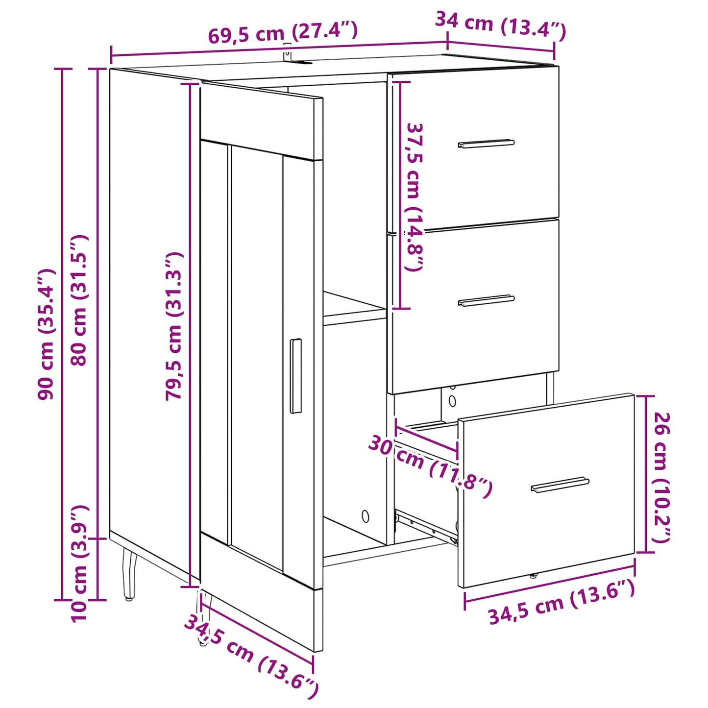 Dressoir Oud Hout 69,5 x 34 x 90 cm Gemonteerd hout en ijzer