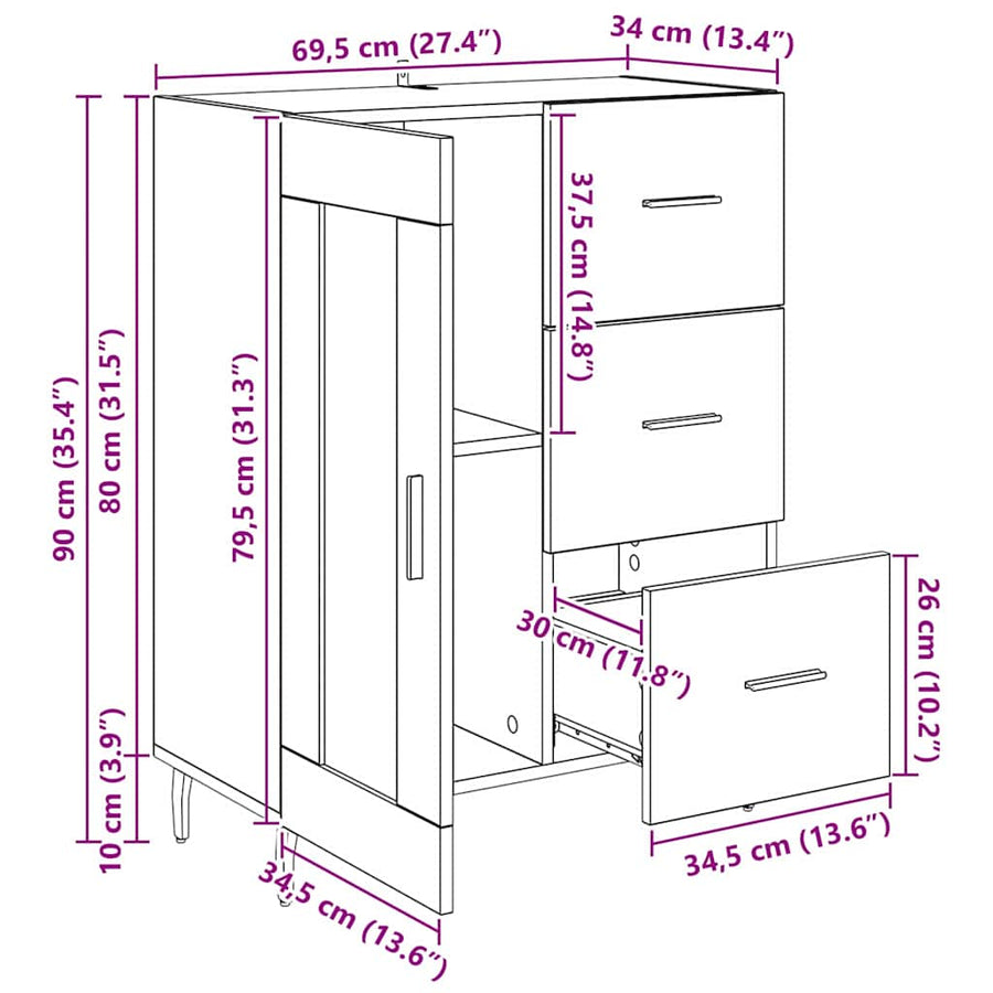 Dressoir Zwart Eiken 69,5 x 34 x 90 cm Gemonteerd hout en ijzer