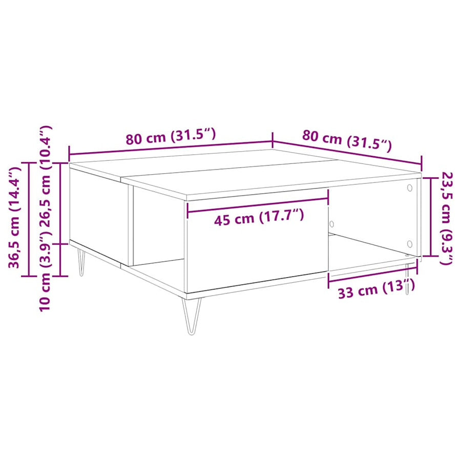 Salontafel Zwart Eiken 80 x 80 x 36,5 cm Bewerkt hout