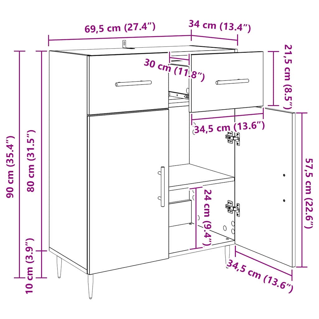 Dressoir met lade Zwart Eiken 69,5 x 34 x 90 cm Bewerkt hout