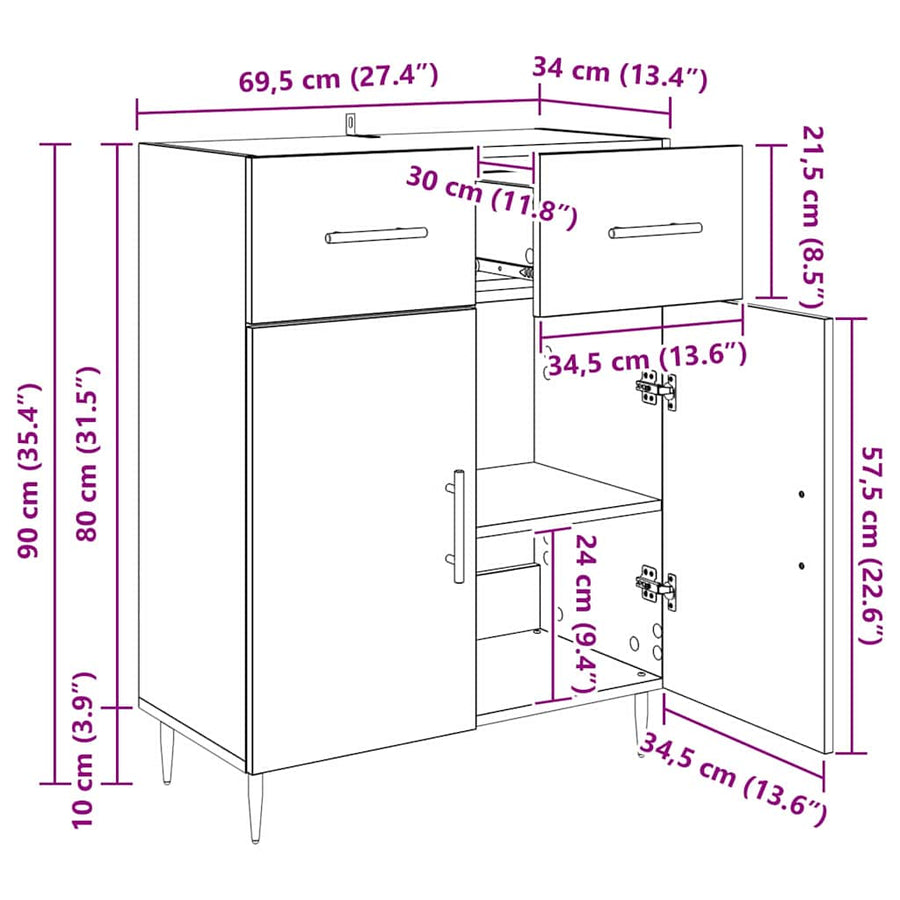 Dressoir met lade Zwart Eiken 69,5 x 34 x 90 cm Bewerkt hout