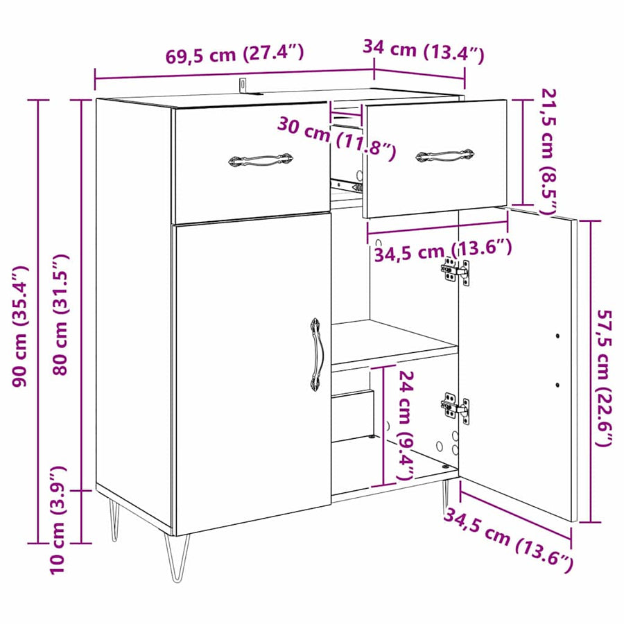 Dressoir met lade Zwart Eiken 69,5 x 34 x 90 cm Bewerkt hout