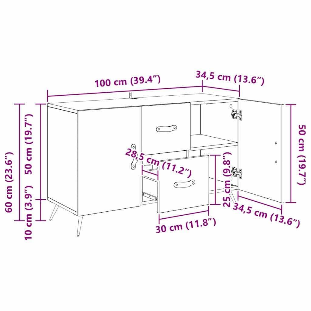Dressoir met lade Zwart Eiken 100 x 36 x 60 cm Bewerkt hout