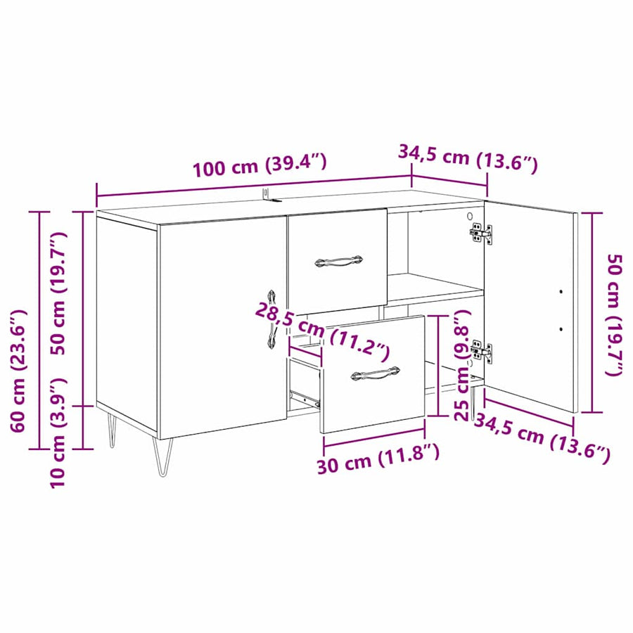 Dressoir met lade Zwart Eiken 100 x 36 x 60 cm Bewerkt hout