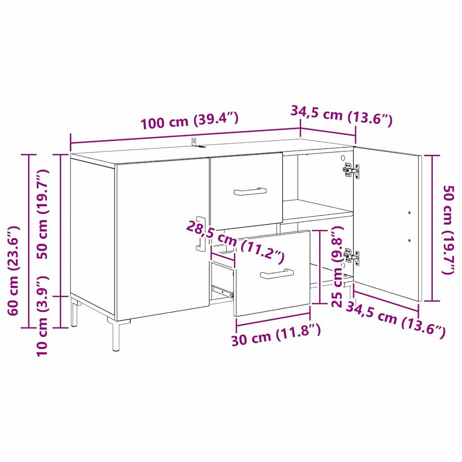 Dressoir met lade Oud Hout 100 x 36 x 60 cm Bewerkt hout