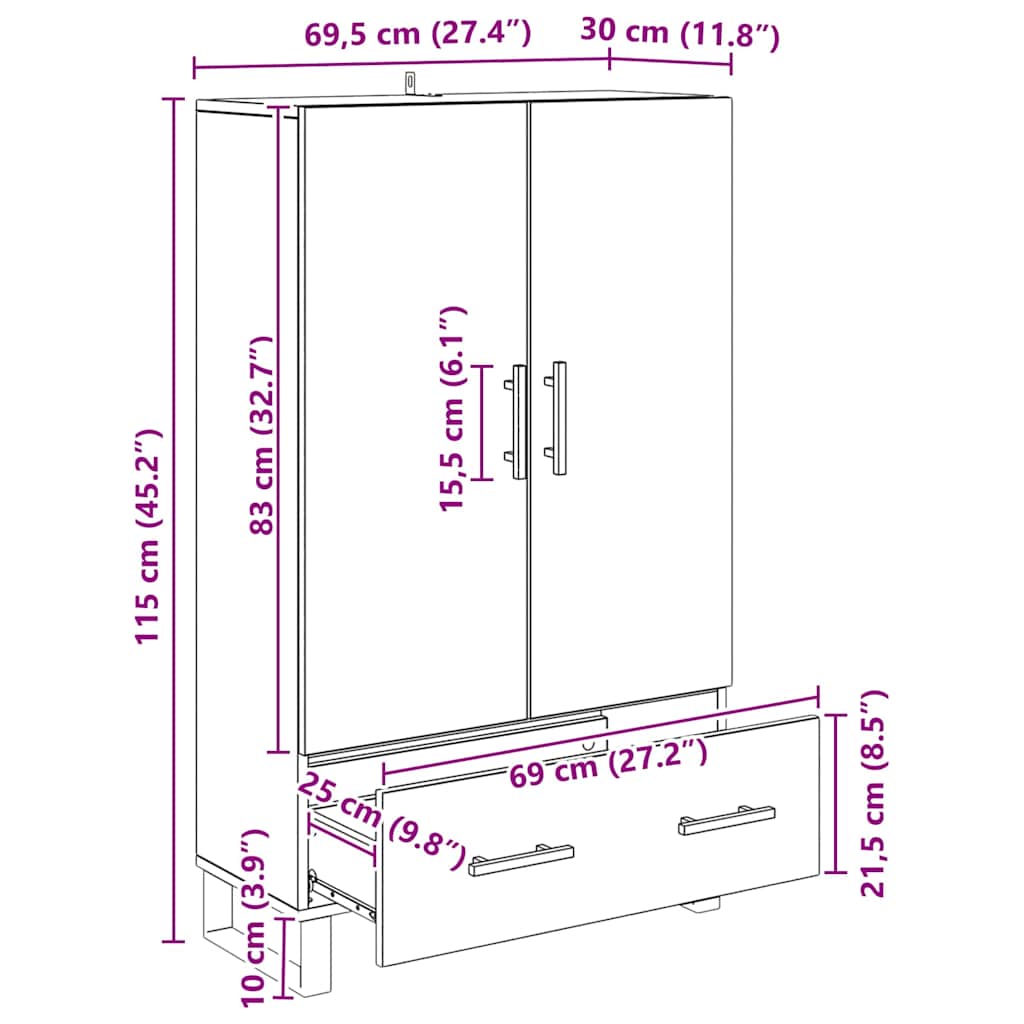 Highboard met lade Zwart Eiken 69,5 x 30 x 115 cm Bewerkt hout