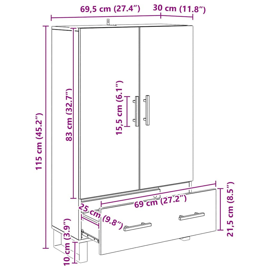 Highboard met lade Zwart Eiken 69,5 x 30 x 115 cm Bewerkt hout