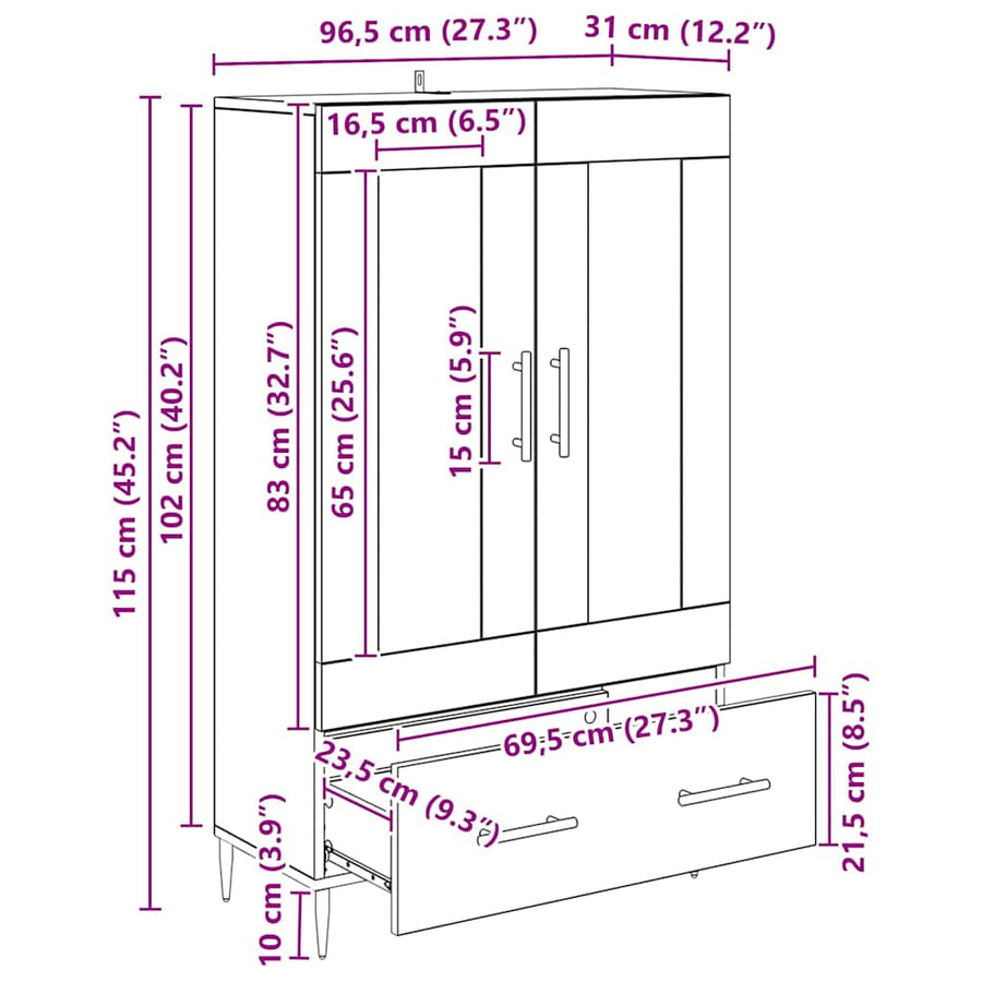 Highboard Oud Hout 69,5 x 31 x 115 cm Geengineerd Hout en Glas