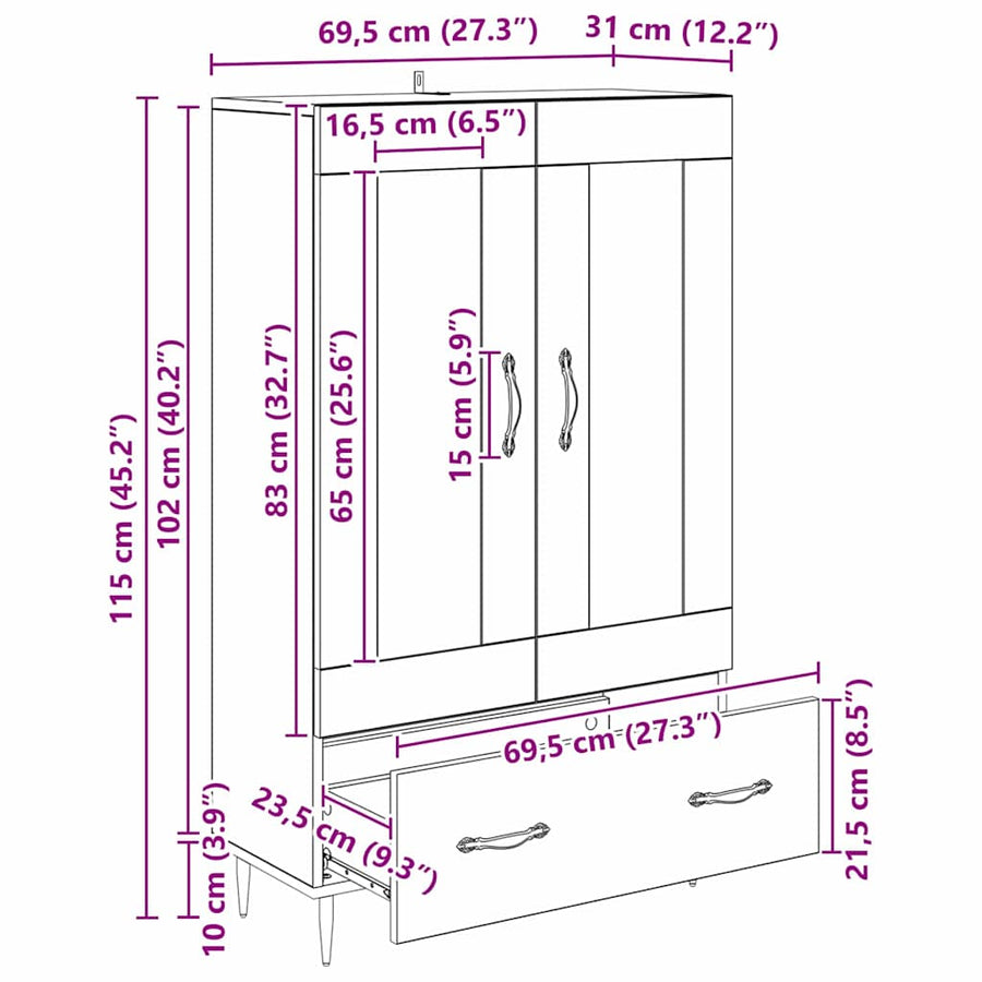 Highboard met lade Zwart Eiken 69,5 x 31 x 115 cm Bewerkt hout