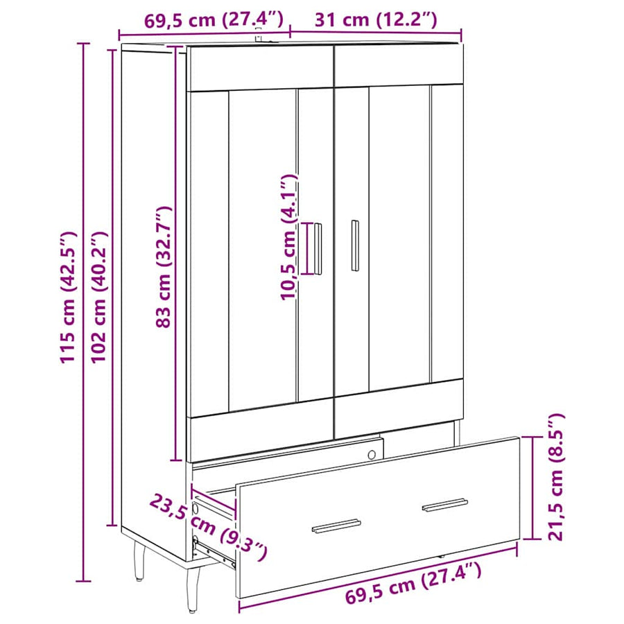 Highboard met lade Zwart Eiken 69,5 x 31 x 115 cm Bewerkt hout