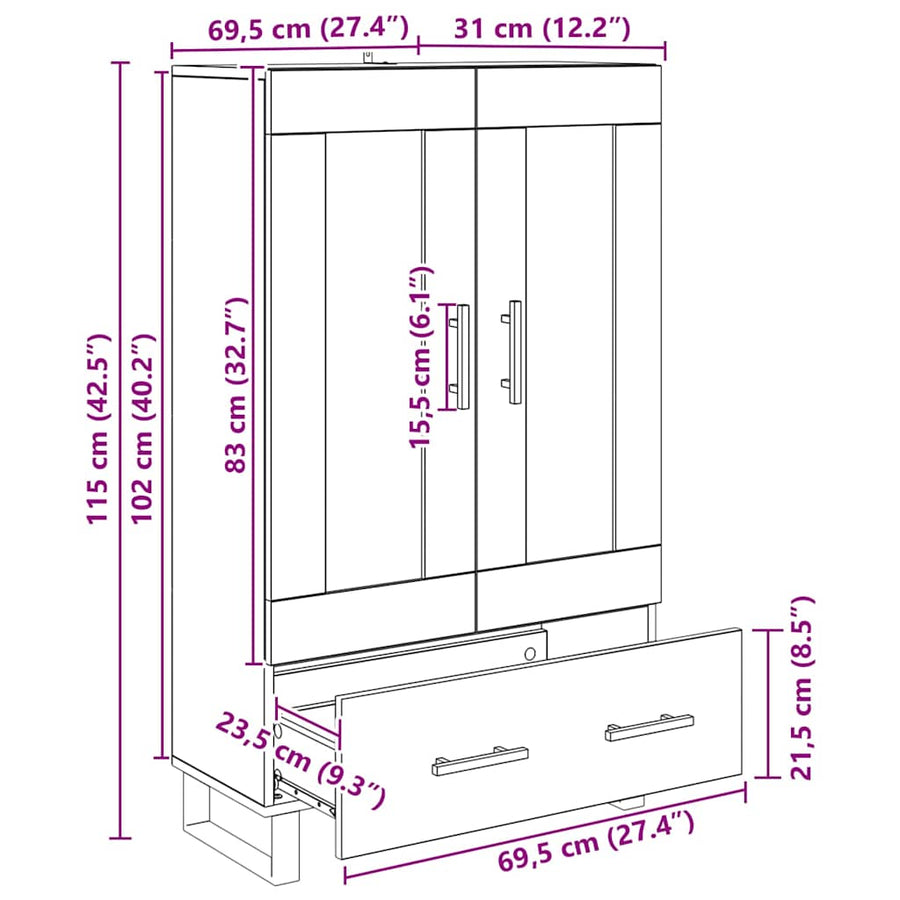 Highboard met lade Oud Hout 69,5 x 31 x 115 cm Bewerkt hout