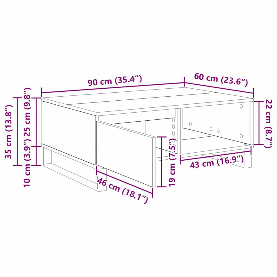 Salontafel met lade Zwart eiken 90 x 60 x 35 cm Bewerkt hout