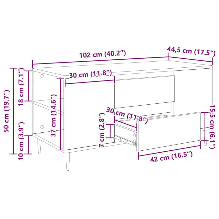 Salontafel with Drawer Oud hout 102 x 44.5 x 50 cm Bewerkt hout
