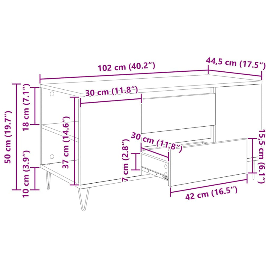 Salontafel met lade Zwart Eiken 102 x 44,5 x 50 cm Bewerkt hout