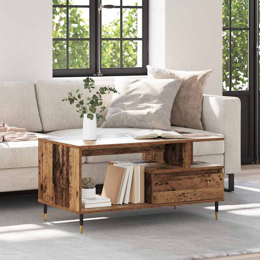 Salontafel met lade Oud hout 90 x 49 x 45 cm Bewerkt hout